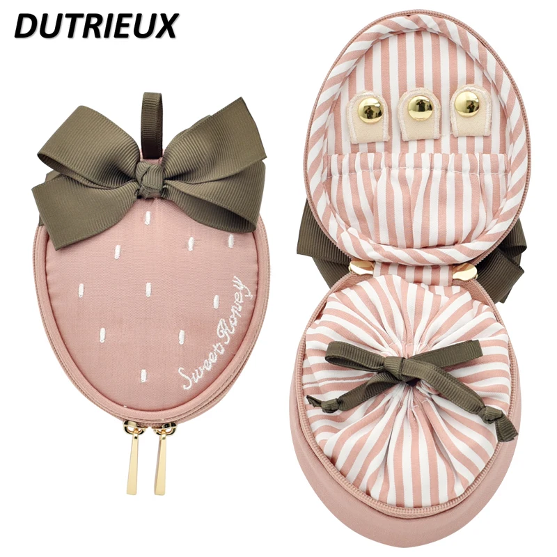 Sweet Strawberry Style Jewelry Box Travel Portable Fabric Ladies Storage Big Bow Cute Fashion Hanging Cosmetic Bags for Women