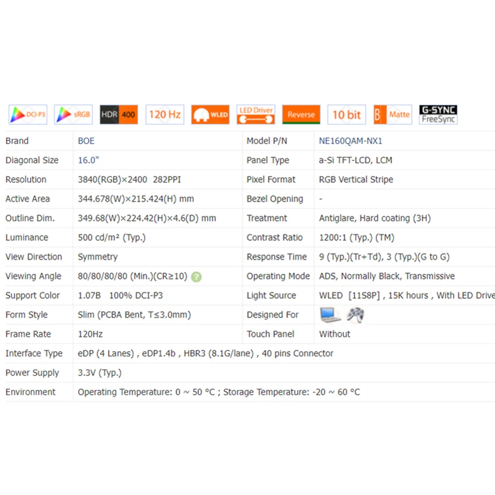 Substituição do painel LCD para o portátil, painel de exposição, matriz, Dispaly, NE160QAM-NX1, NE160QAM-NZ1, 4K, 380X2400, 120Hz, 100% DCI-P3, 16.0in