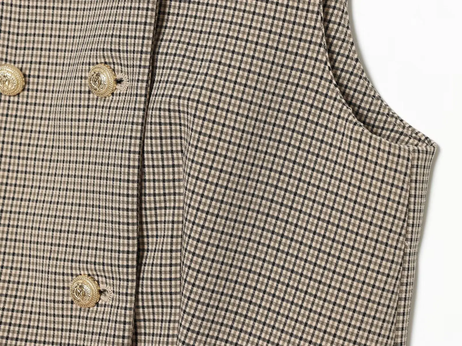 BSAY 2026 Vintage Büro-Damenanzug mit kariertem, doppelreihigem, kurz geschnittenem Gilet und hochtaillierter, weit geschnittener Hose mit Gürtel. – Detail 10
