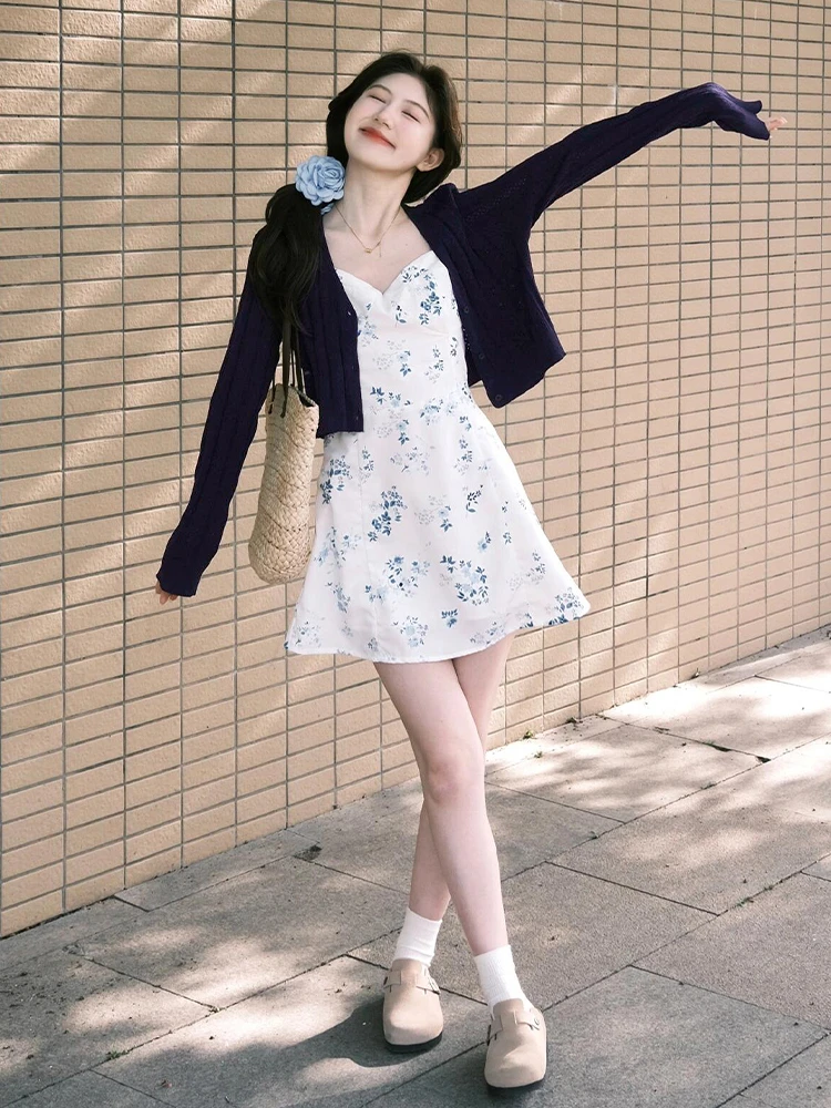 White Floral ter Dr Set Women Summer Ele Beach Vaion Sle ort Skirt Ensemble Sweet Japanese Sle High Waist ...