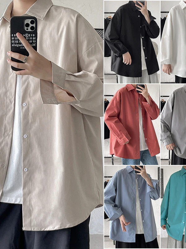 

Long Sve Loose Casual irt Men's Spring Summer Japanese Sle Lazy Faion Pure Color Drape Loose Comfortable Top