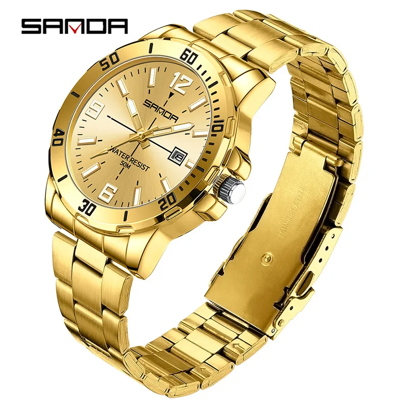 SANDA 3265 Reloj de cuarzo para hombre Reloj de pulsera con calendario y banda impermeable con luz nocturna y esfera grande simple y moderno
