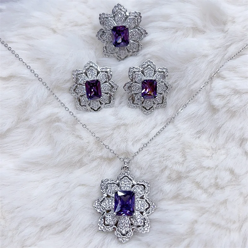 Cocktail dinner party engagement jewelry sets silver 925 full diamonds purple gemstone high-end necklace flower earrings rings