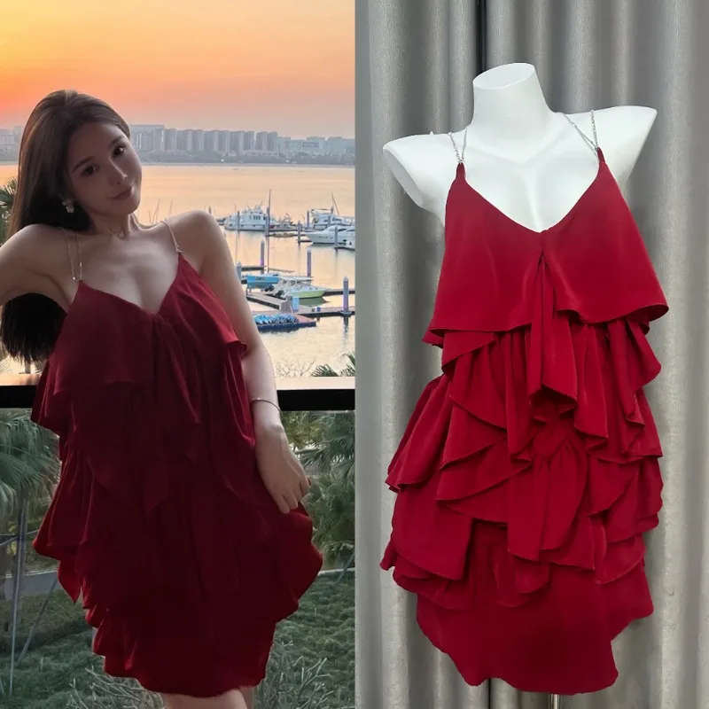 

Sweet Hot Girl A-line Red Dress Women's Summer Pure Sexy Chain Ruffle Edge Strap Short Dress Fashion Female Clothes