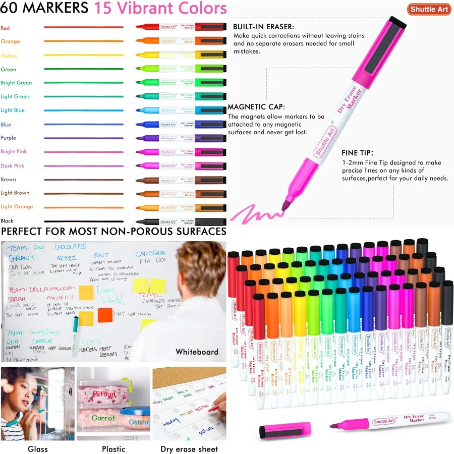 

Dry Erase Markers Shuttle Art 60 Bulk Pack 15 Colors Magnetic Whiteboard Markers with Erase Fine Point Dry Erase Markers Perfec