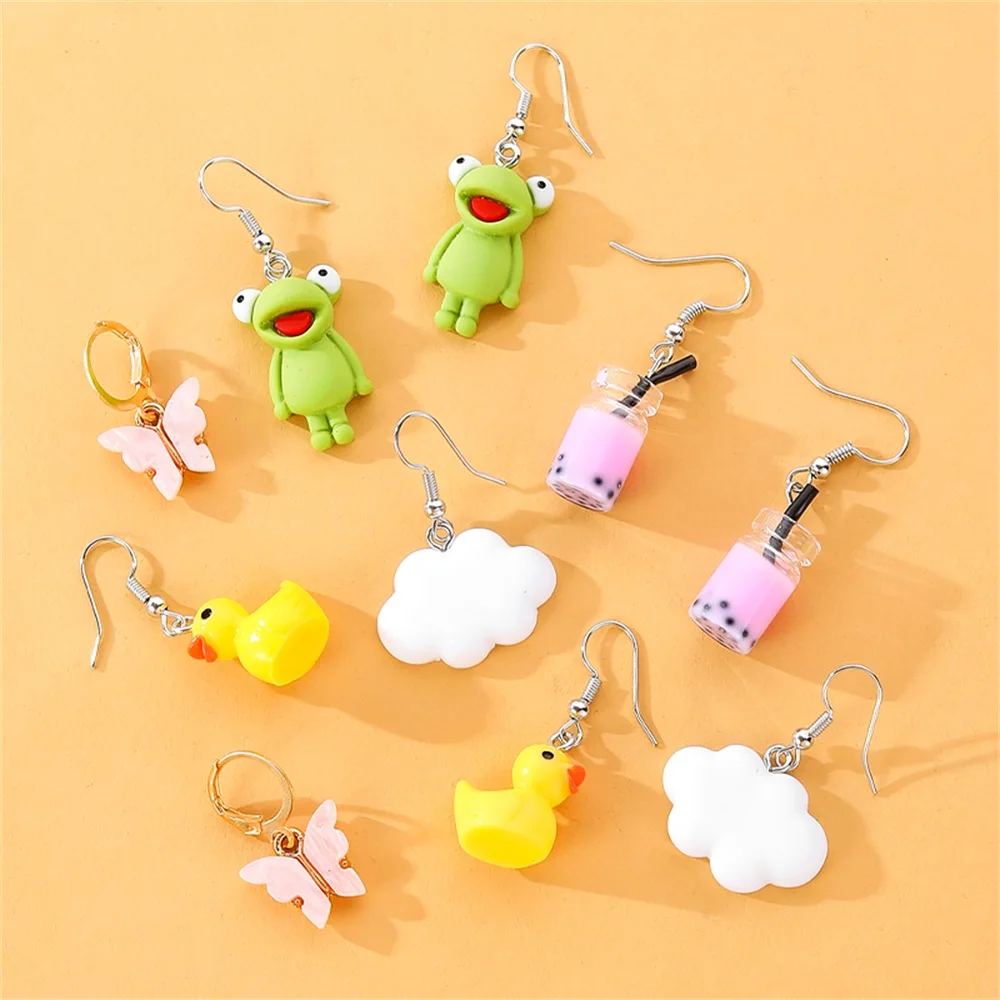 FNIO Cute Cartoon Frog Duck Resin Earrings Set for Women Animal Butterfly Trendy Drop Earrings Geometric Funny Earring Jewelry