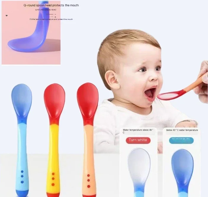 

Baby Silicone Warm Spoon Baby Feeding Utensils Double Set Warm Soft Head Anti scalding Spoon Fork