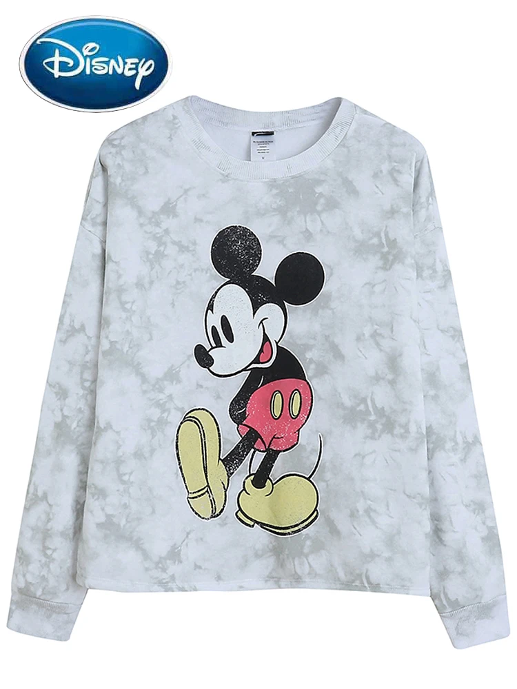 Disney Sweatshirt Sweet Fleece Mickey Mouse Cartoon Print Tie Dye Fashion Women O-Neck Long Sleeve Jumper Tops Streetwear Femme