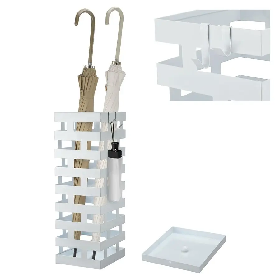

Подставки для зонтов для прихожей. Большой металлический держатель для зонтов размером 6,3 x 5,5 x 16,5 дюймов со съемным подносом для воды и крючками.