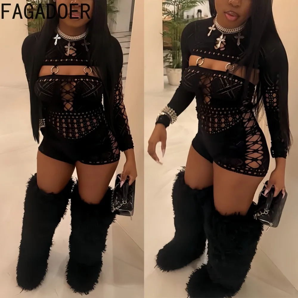 

FAGADOER High Quality Sexy Hollow-out Patchwork Rompers Woman Lace See Through Long Sleeve Jumpsuits Female Streetwear Overalls