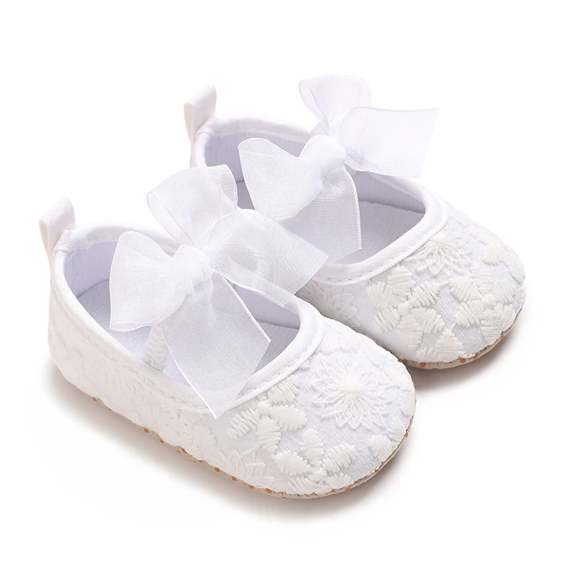Baby Learning Walk Shoes, Floral Embroidery Bow Mary Jane Shoes, Soft Breathable Infant Footwear for Baby Girls 0-1 Year