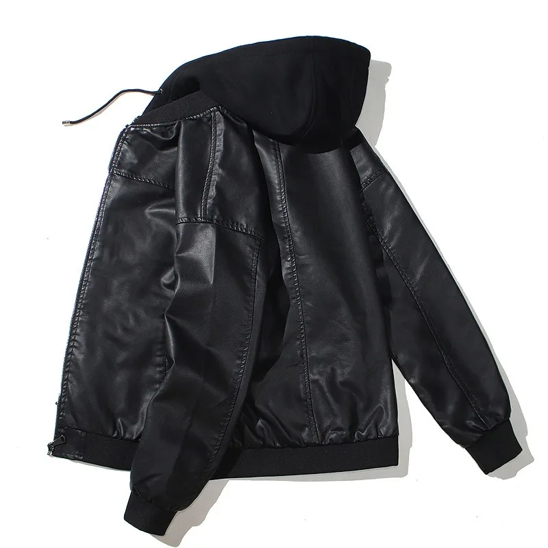 Mens Hooded PU Leather Jacket Motorcycle Hooded Young Leather Plus Cotton Padded Coat Men