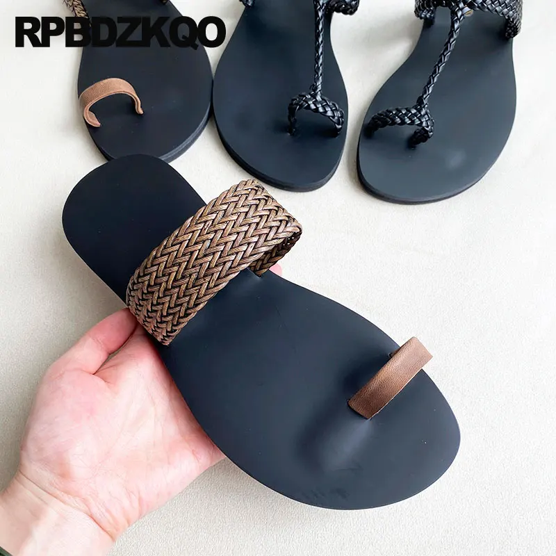 Toe Loop Native Runway Men Sandals Leather Summer Slippers Italian Soft Fashion Casual Slip On Shoes Woven Black Beach Slides