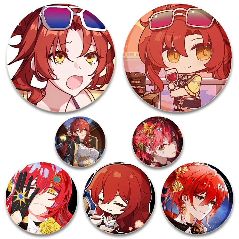 Honkai Impact Himeko Tinplate Pins Round Cute Cartoon Brooches for Backpack Cothes Accessories Anime Collection Badge Decoration