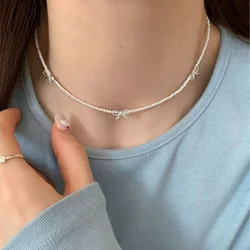 LATS Fashion Sweet Bow Pearl Necklace for Women Girls Sparkling Delicate Ribbon Bowknot Beaded Chain Chokers Party Jewelry Gift