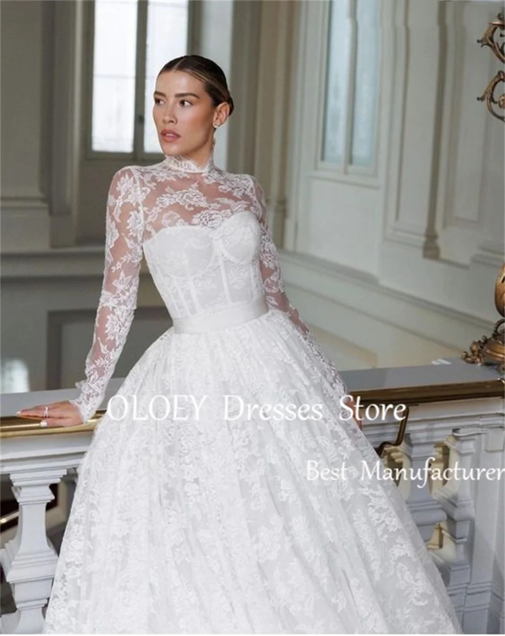 OLOEY Luxury Lace A Line Wedding Dresses High Neck Full Sleeves Bridal Gown Button Back Wedding Party Dress Custom Made