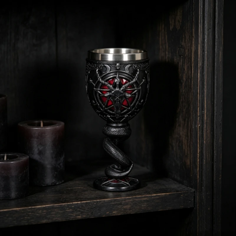 Cáliz con Pentagrama Esculpido en 3D, Copa de Vino con Revestimiento de Acero Inoxidable, Vaso de Estilo Retro Oscuro para Fiestas de Halloween y Bares