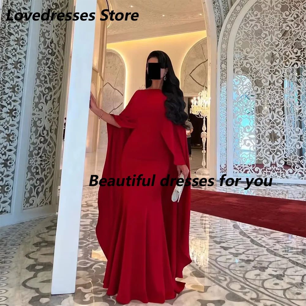 

Red Evening Dress Customized Boat Neck Long Sleeves Formal Party Gown Floor Length Jersey Mermaid Saudi Arab Prom Gown