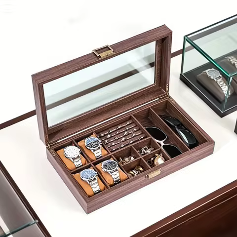 Retro Style Imitation Wood Watch Box Chinese Style Brown Leather Glasses Storage Box Creative Gift Jewelry Box