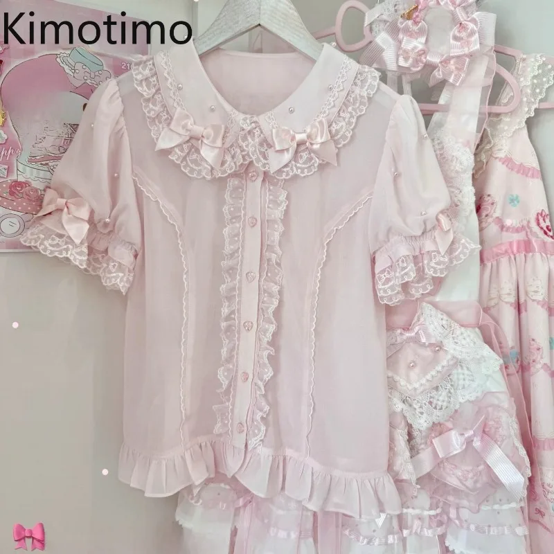 Kimotimo Japanese Lolita Pearl Bow Patchwork Lace Shirt Women Sweet Solid Ruffle Short Sleeve Tops Fairy Kawaii Sheer Y2k Blouse
