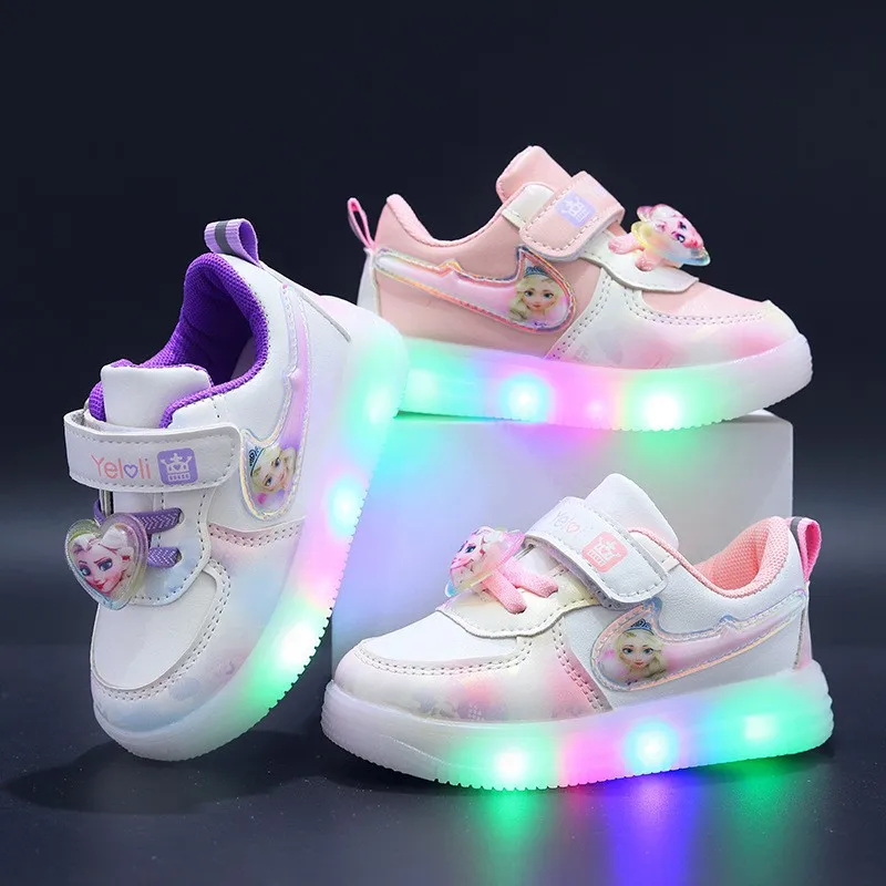 Boutique Fashion Girl's Casual Sneaker Elsa Princess Cute Children's Led Lighted Shoes Spring And Autumn Baby Girl Board Shoes