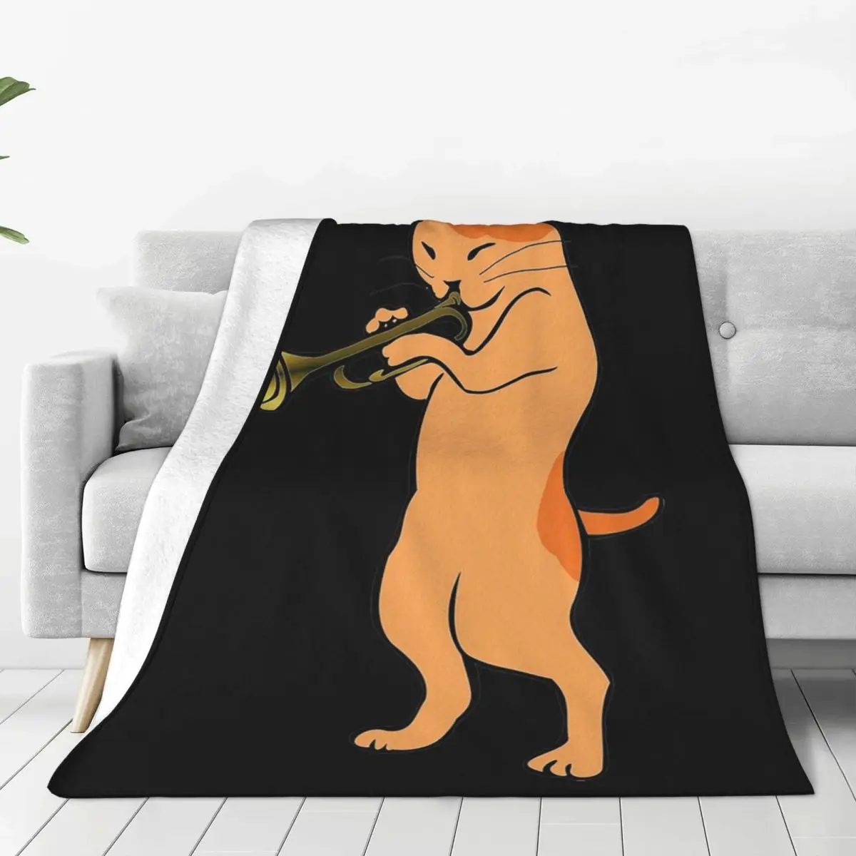 Music Lover Cat Playing Trumpet Blanket Soft Warm Flannel Throw Blanket Bedspread for Bed Living room Picnic Travel Home Sofa