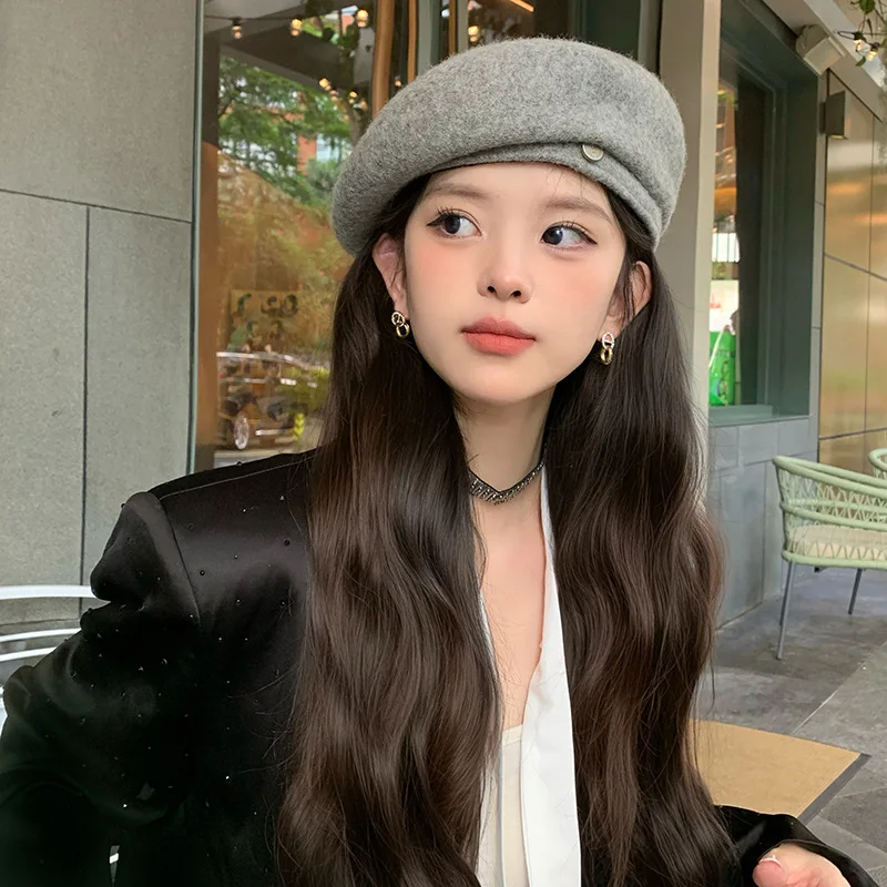 Grey wool beret women's autumn and winter new trendy big head circumference, small face, warm and versatile artist hat