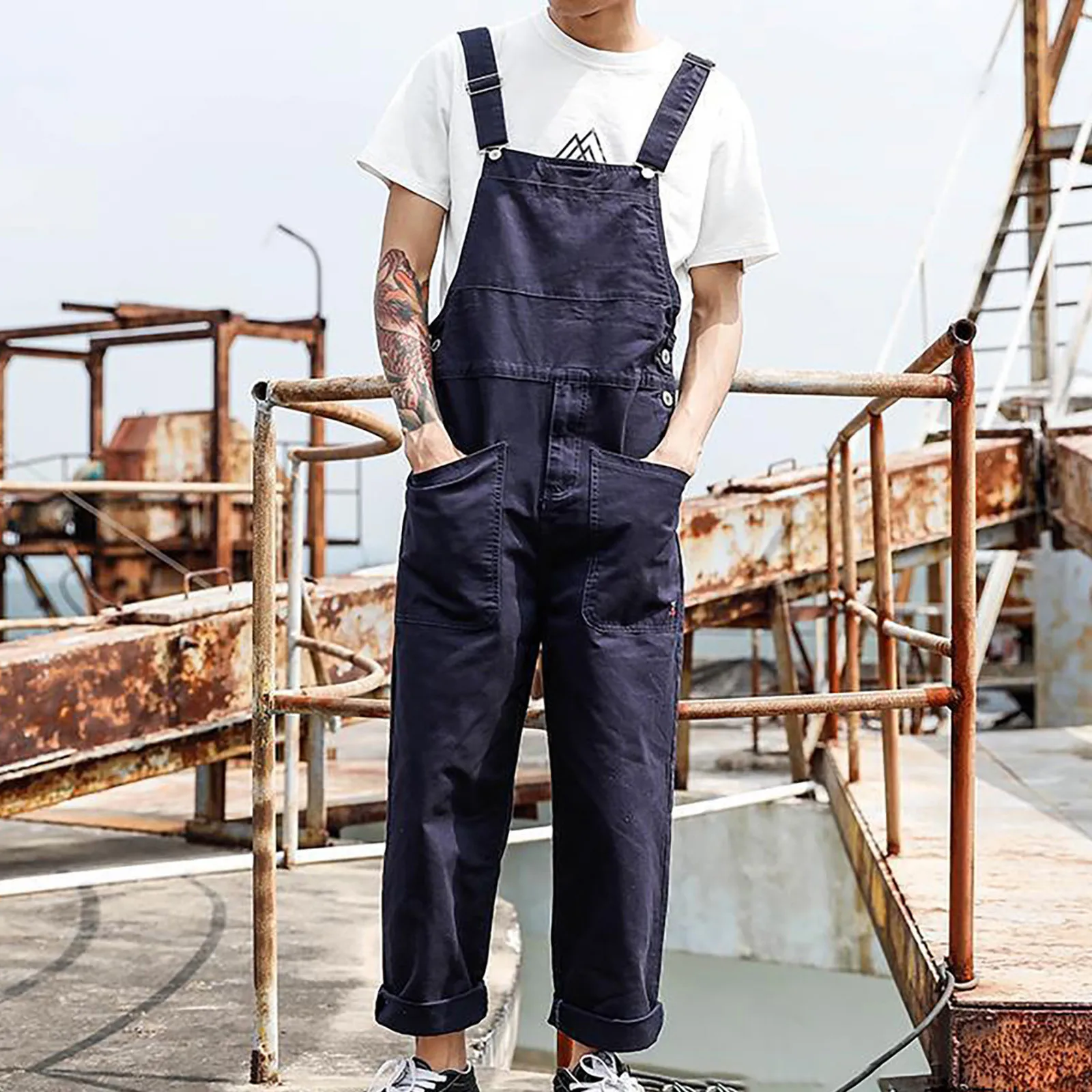 Men Cargo Overalls Solid Color Casual Jumpsuits Streetwear Multi Pockets Fashion Trend Harajuku Work Pants Streetwear Romper