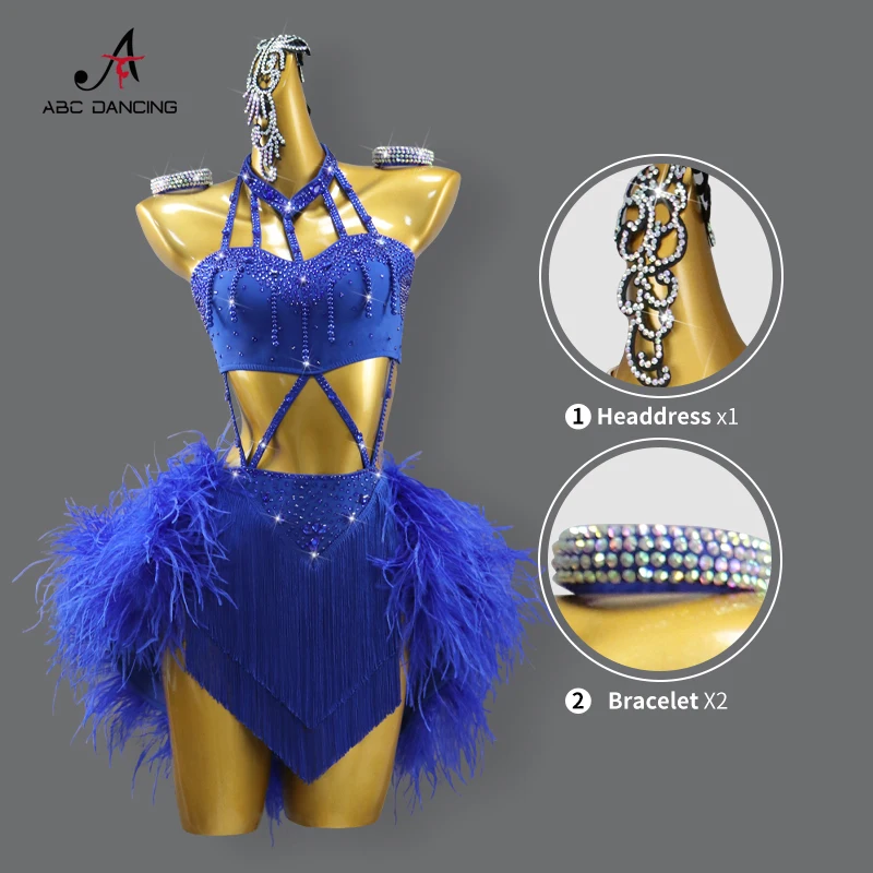 Costume da ballo blu per ragazza Abiti latini Vestito da competizione Gonna di piume da donna Stage Sport Dancewear Vestito da festa sexy Personalizza