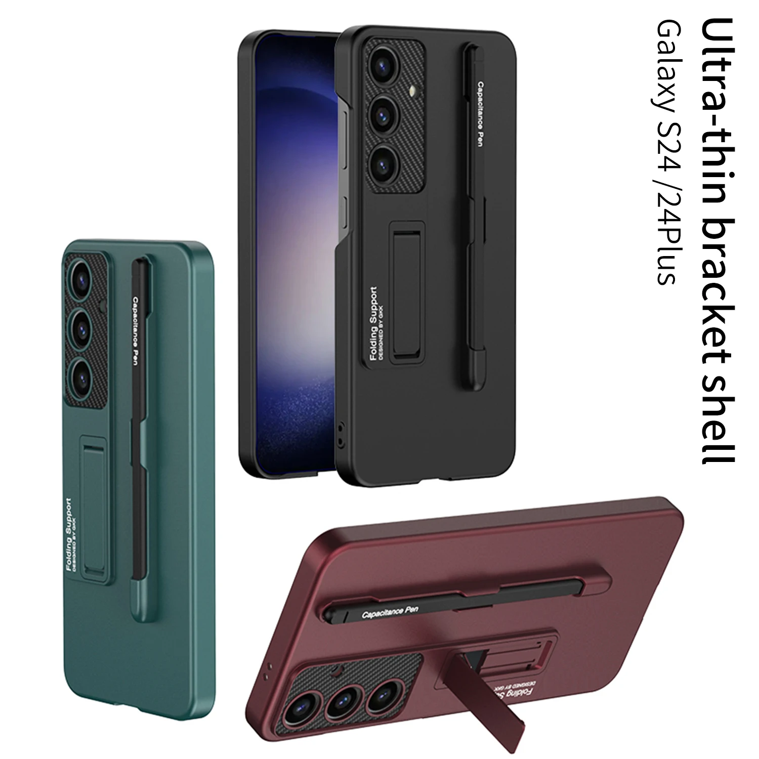 Shockproof Armor Plastic Pen Slot Case For Samsung Galaxy S24 Plus Ultra Camera Protective Stand Hard Cover Case With Stylus Pen