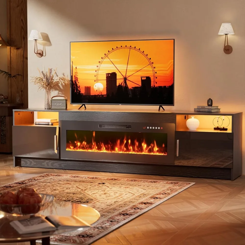 

80'' TV Stand with Fireplace and Led Light-Marble Black Entertainment Center for 90 inch TV- TV Cabinet with Storage, High Gloss