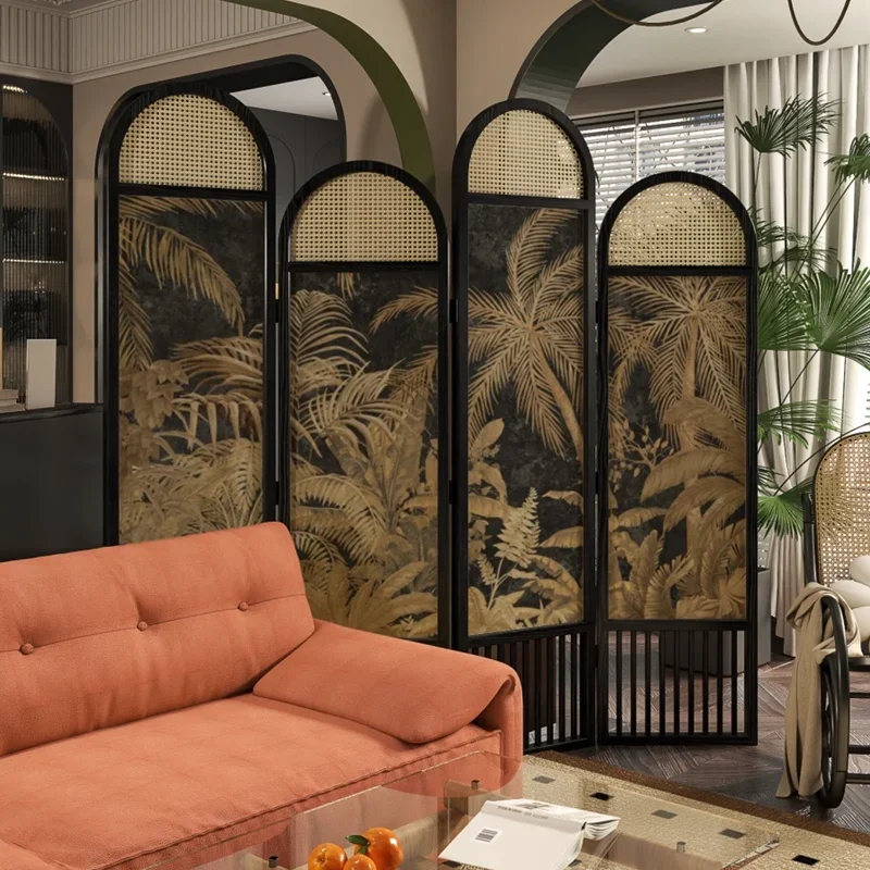 

French screen partition living room rattan retro folding mobile folding screen solid wood bedroom porch decoration home style