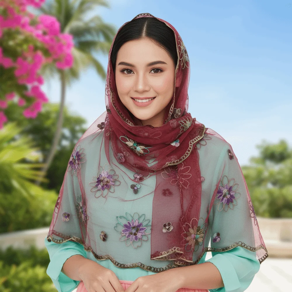 Lace Scarf Embroidered Floral Headwrap Breathable Lightweight Sheer Shawl Colorful Soft Summer Hijab Travel Photoshoot