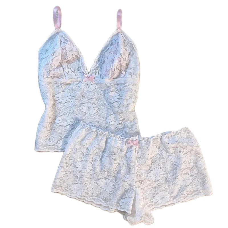 

Y2K Floral Lace V Neck Camis Crop Tops + Shorts Fairy Loungewear Coquette 2 Piece Set Sexy See Through Pajamas Women Nightwear