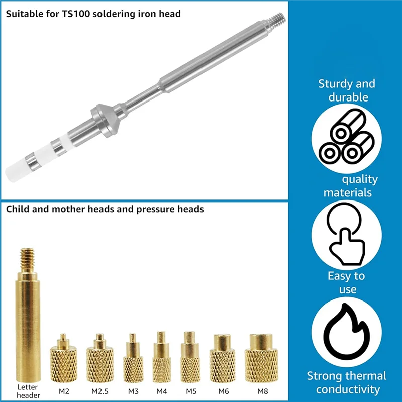 

A01F-Heat Set Insert Tool M2/M3/M4/M5/M6/M7/M8 Heat Set Insert Tip Kit TS100 Brass Soldering Iron Tip Set