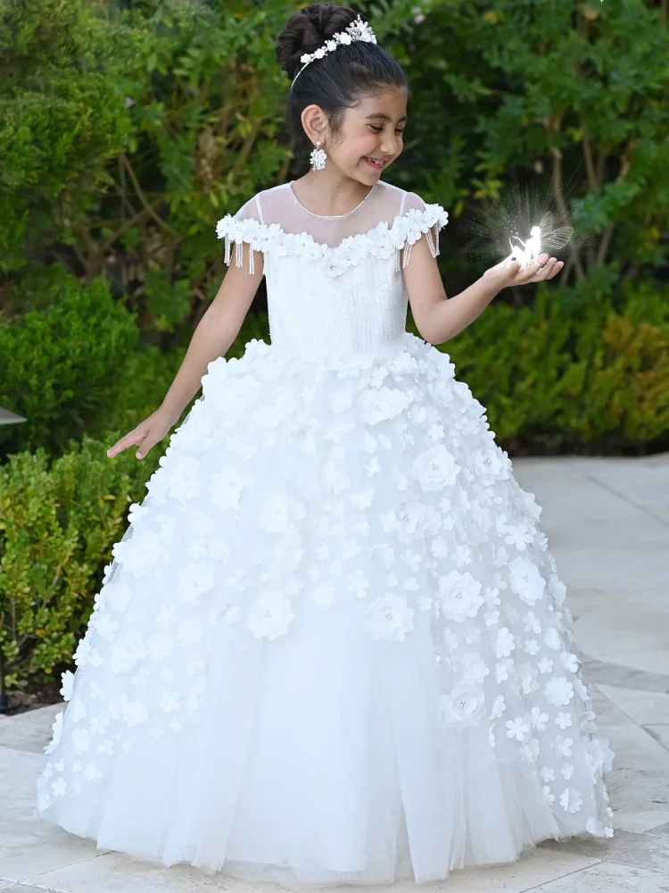 

Flower Girl Dress White Tulle Puffy Flowers Short Sleeve For Wedding Birthday Party Banquet Princess Gowns