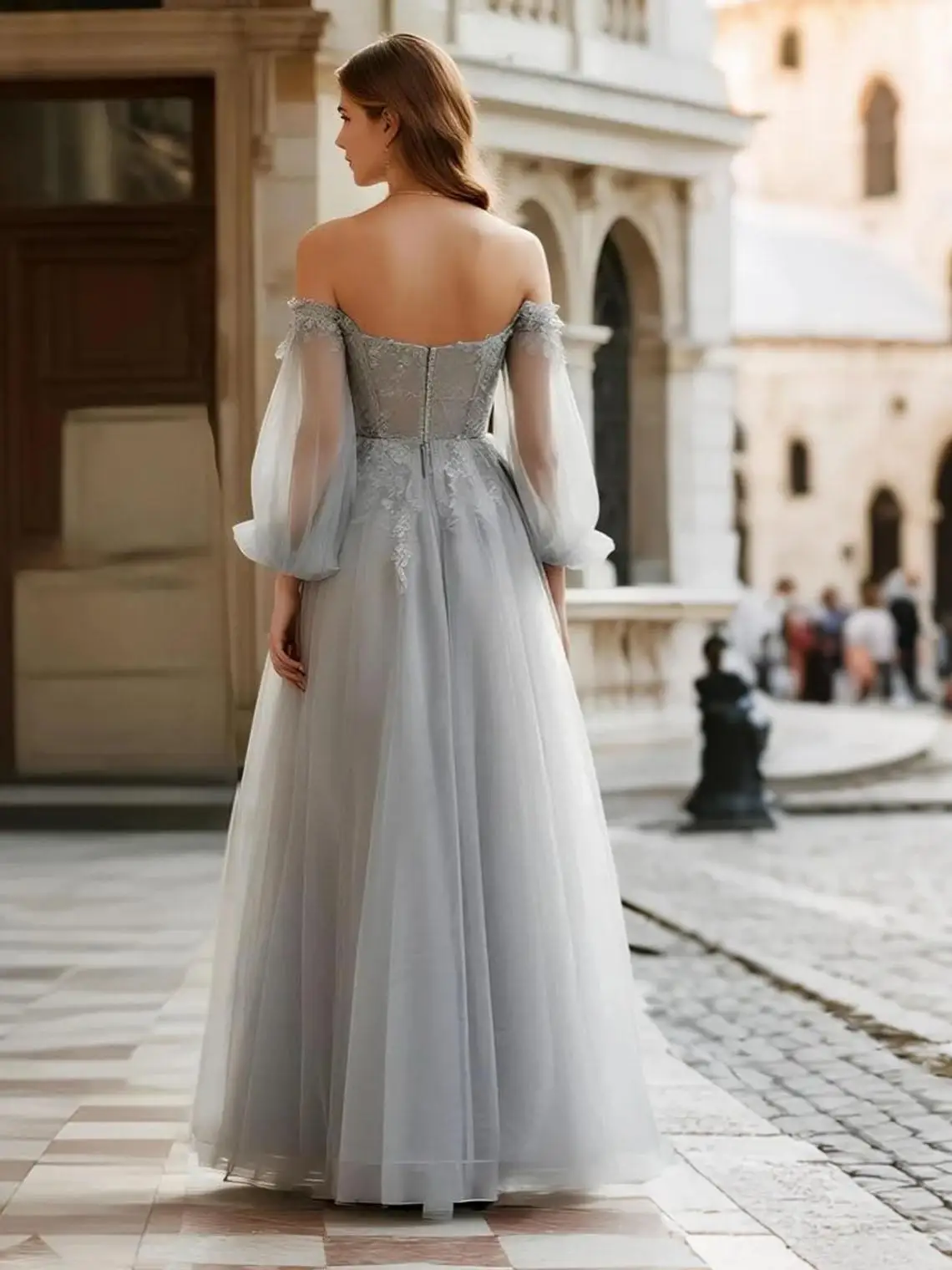 فستان مثير على شكل حرف a من التل بدون حمالات للحفلات الراقصة طول الأرض وأكمام طويلة مزين بدون ظهر فستان حفلات Quinceanera 2025 مخصص مجاني