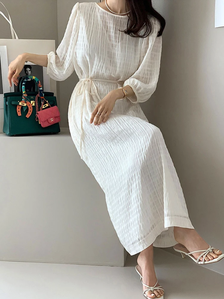 

Korean Elegant Women Long Dress Summer Causal O Neck Designed Belt Party Dress Fashion Split Ladies Vestidos