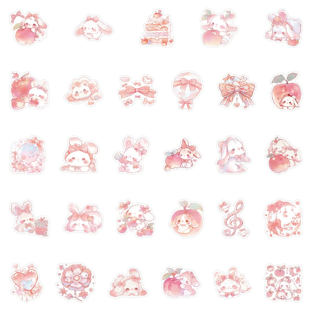 10/54PCS Kawaii Rabbit Cartoon Stickers Peach Style Animal Graffiti Fridge Luggage Laptop Guitar Car Bike Decal Pink Gift Toy
