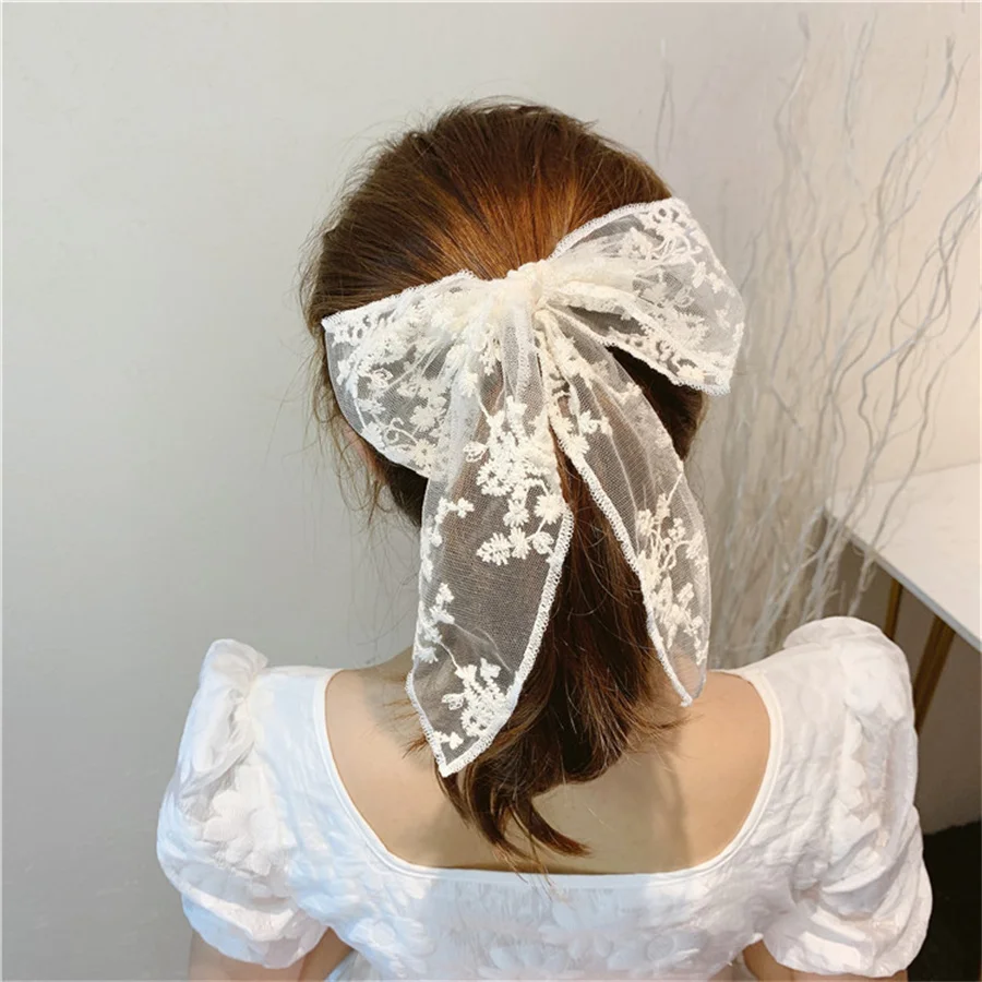 New Korean fashionable beige black embroidered lace fabric bow style hairpin hair accessories adult girls retro lady accessories