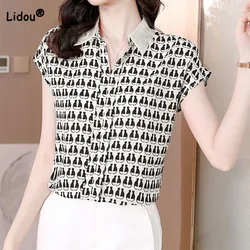 Women's Clothing Korean Turn-down Collar Printed Shirt 2023 Summer Elegant Fashion Female Short Sleeve Casual Chiffon Blouse