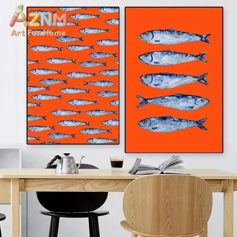 Canvas Painting Vintage Wall Art Colorful Sardine Lobster Fish Ocean Animal Poster For Kitchen Living Room Home Decoration