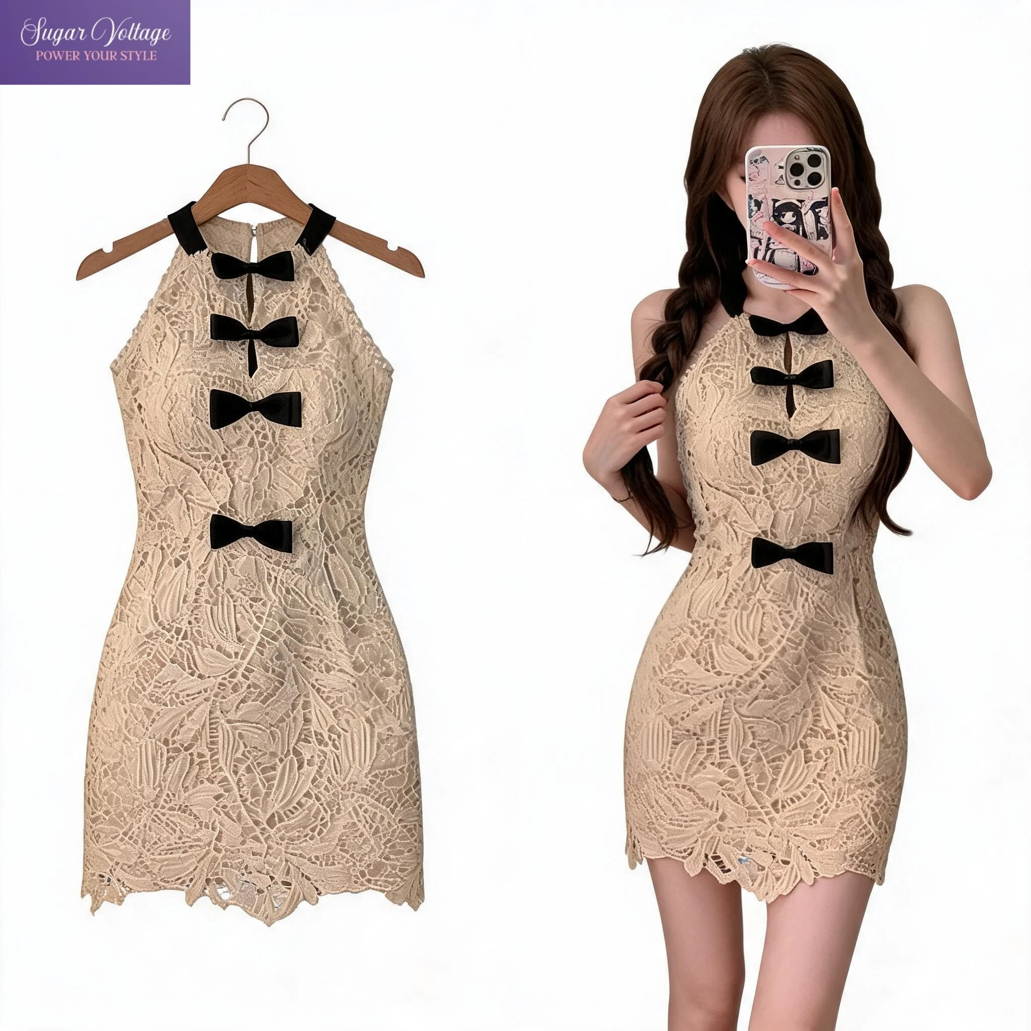 

Sexy Elegant Chic Halter Lace Bow Deco Women Summer Dresses Waist Cinched Bodycon Mini Dress Female Party Korean Popular Clothes