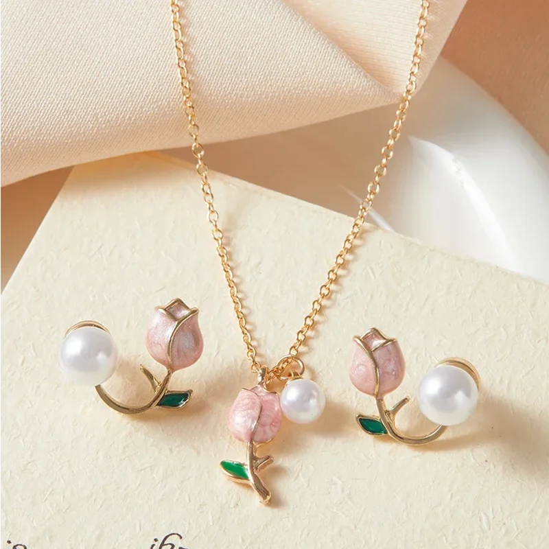 

Trendy Fashion Pink Tulip Necklace Earrings Women's Set Temperament Party Sweet Simple Jewelry Set Accessories Gifts