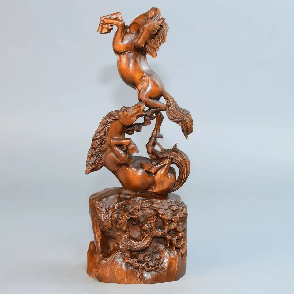 Hand Carved Wood Happy fun double horse Statue Figurine Desktop Ornaments Home Decoration