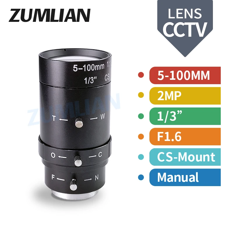 

ZUMLIAN 5-100mm CS-Mount Lens cctv 1/3" Varifocal Lens F1.6 Manual Aperture Machine Vision Zoom Lens for Surveillance Cameras