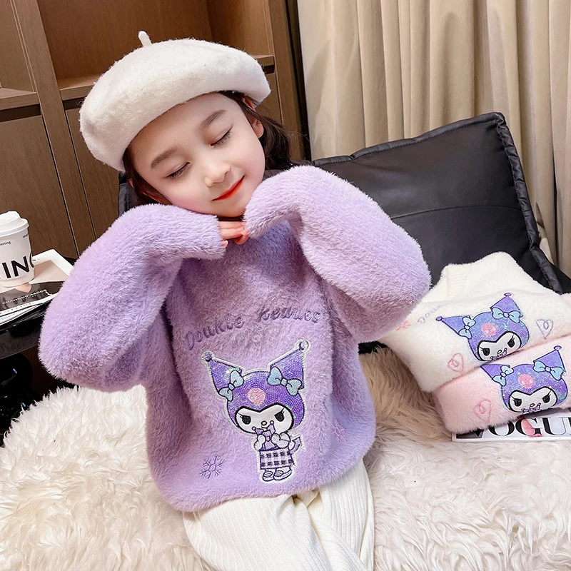 Sanrio Autumn and Winter Kulomi Cute Children's Warm Knitted Sweater Cartoon Mink Hair Thickened Crew Neck Pullover Bottom Shirt