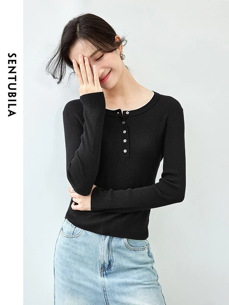 SENTUBILA Patchwork Wool Knitted Pullovers for Women 2024 Autumn Casual Slim Fit Comfort Basic Simple Women Top W43H56238