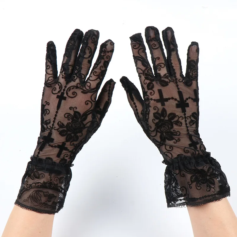 Punk Gothic Lolita Halloween Cosplay Rose Cross Black Lace Thin Gloves Halloween Women Sexy Transparent Elasticity Mesh Mittens