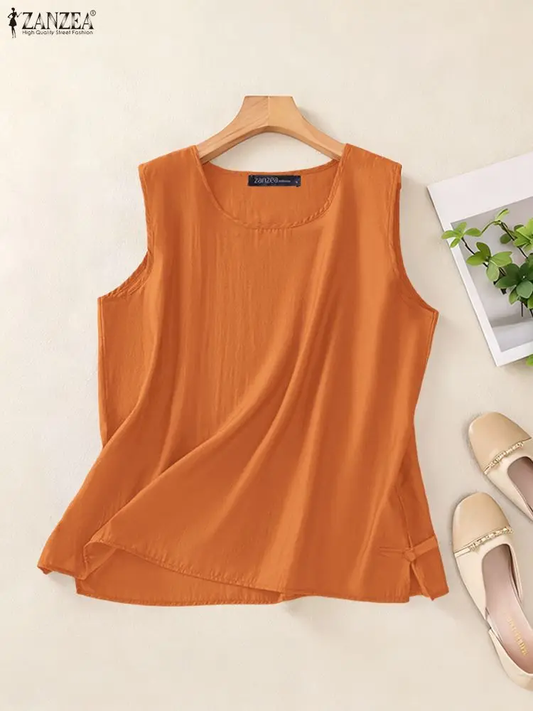 Zanzea verão moda tanques 2025 mulheres camisetas elegante casual sem mangas regatas em torno do pescoço solto sólido coreano blusas femininas